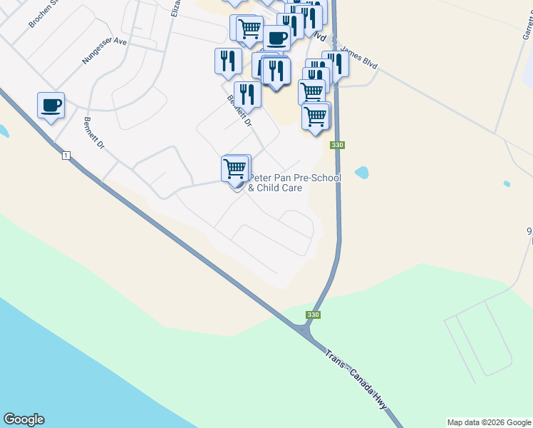 map of restaurants, bars, coffee shops, grocery stores, and more near Gray Avenue in Gander