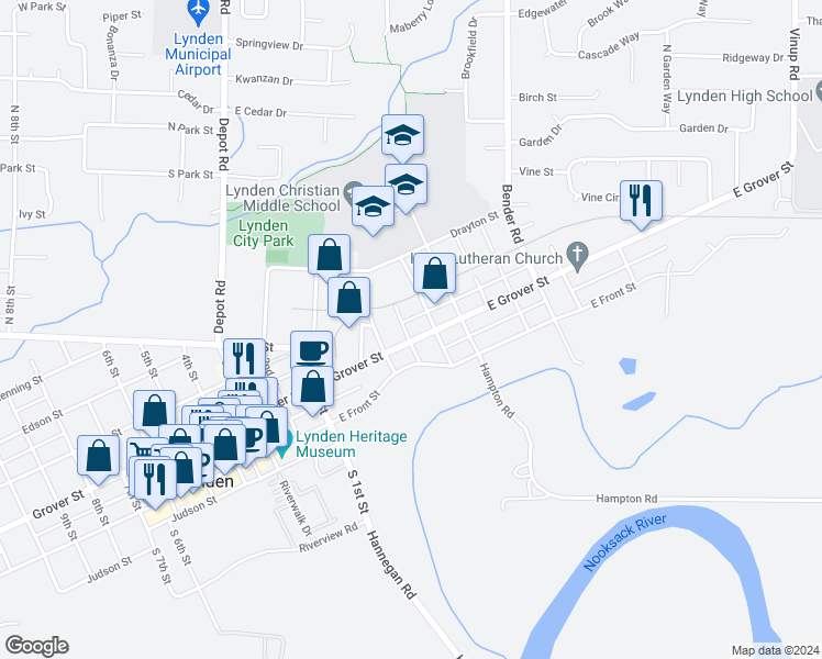map of restaurants, bars, coffee shops, grocery stores, and more near 301 East Grover Street in Lynden