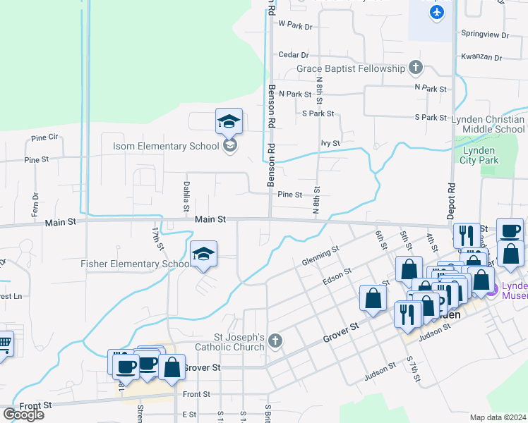 map of restaurants, bars, coffee shops, grocery stores, and more near 1313 Main Street in Lynden