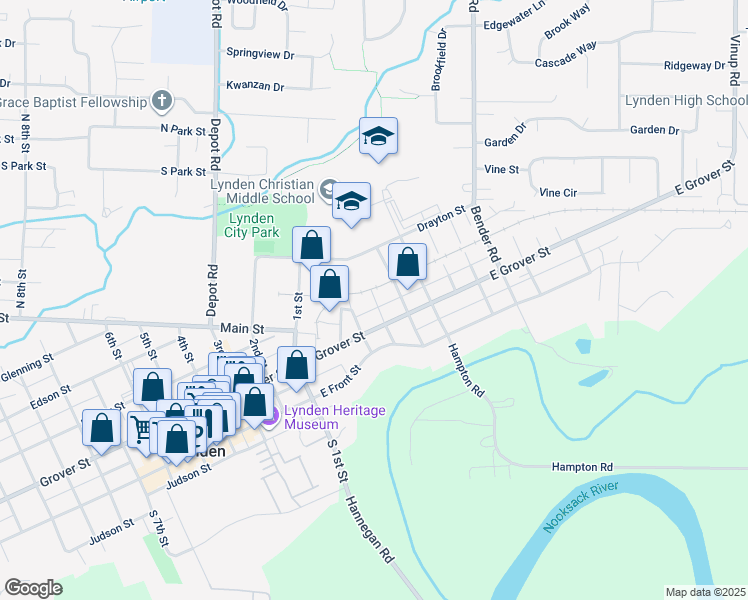 map of restaurants, bars, coffee shops, grocery stores, and more near 301 East Grover Street in Lynden