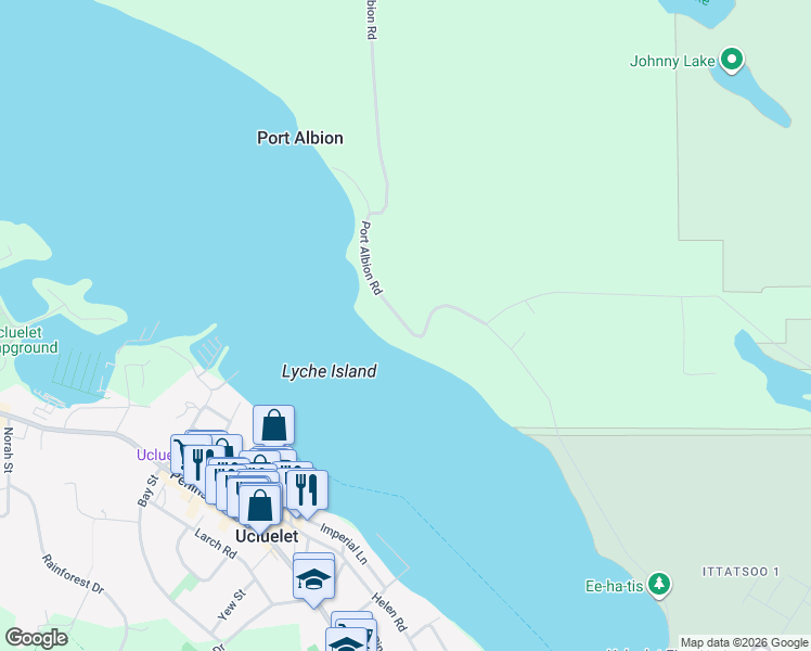 map of restaurants, bars, coffee shops, grocery stores, and more near 1480 Port Albion Road in Ucluelet