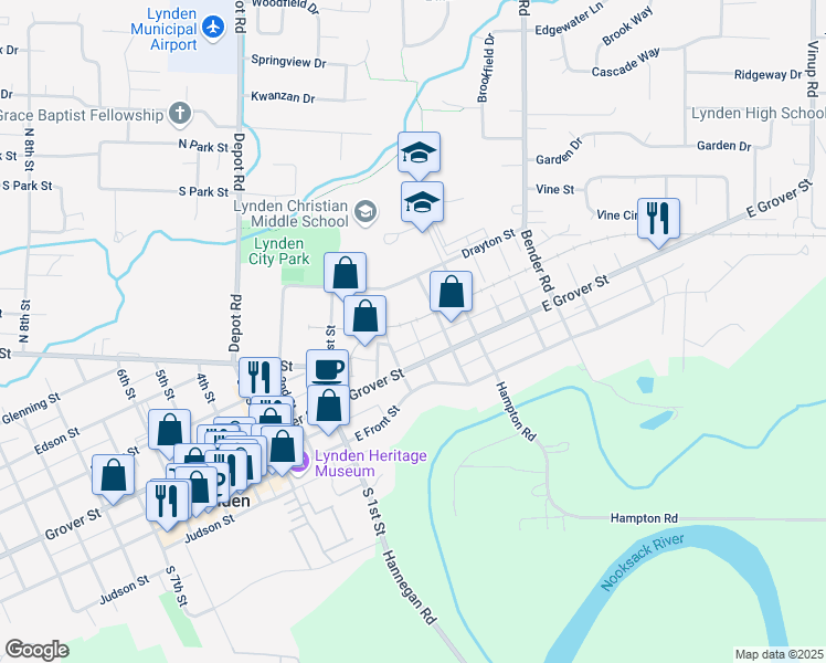 map of restaurants, bars, coffee shops, grocery stores, and more near 301 East Grover Street in Lynden
