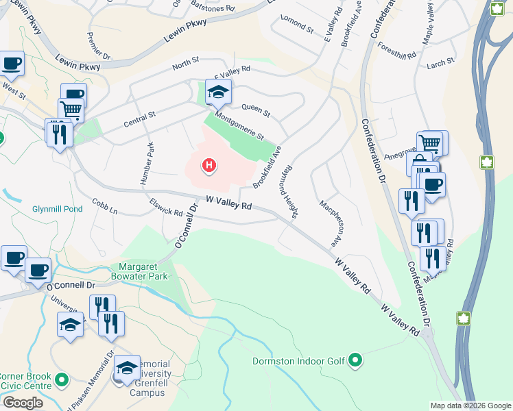 map of restaurants, bars, coffee shops, grocery stores, and more near 107 A West Valley Road in Corner Brook