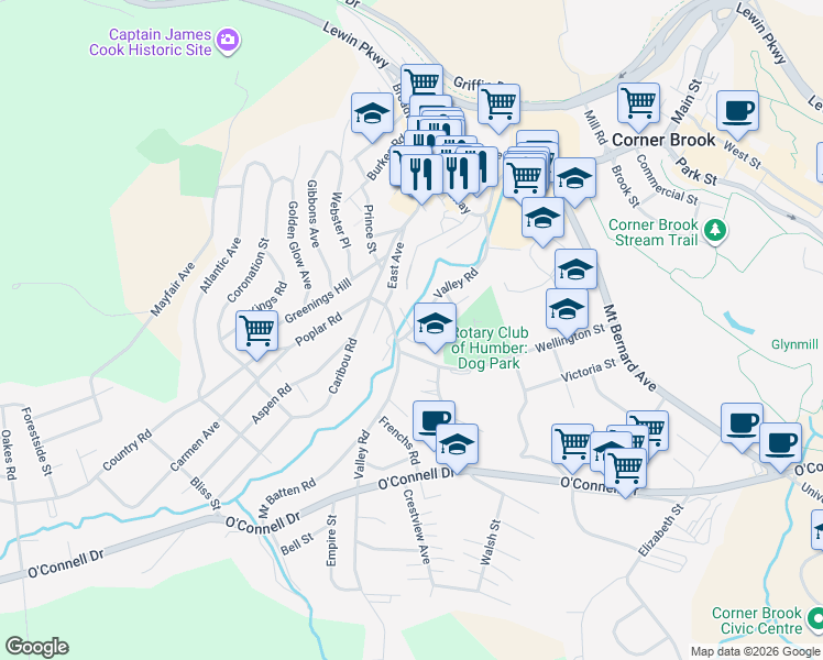 map of restaurants, bars, coffee shops, grocery stores, and more near Valley Road in Corner Brook