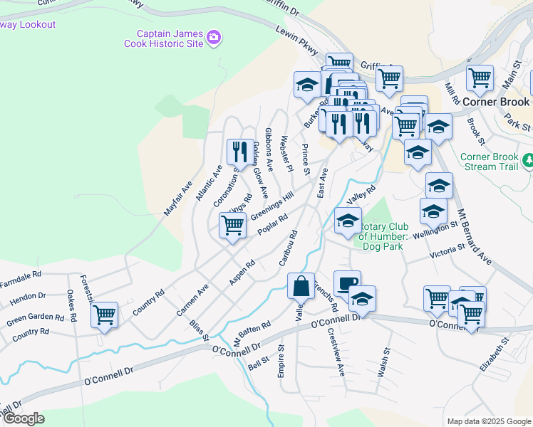 map of restaurants, bars, coffee shops, grocery stores, and more near 33 Greenings Hill in Corner Brook