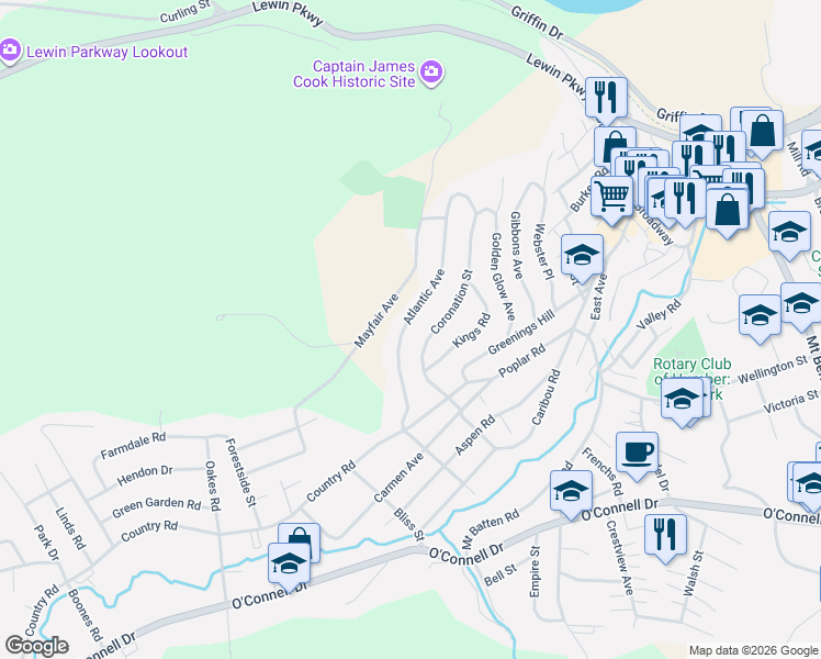 map of restaurants, bars, coffee shops, grocery stores, and more near 23 Atlantic Avenue in Corner Brook