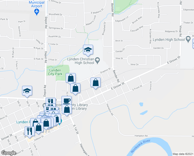 map of restaurants, bars, coffee shops, grocery stores, and more near 210 Nooksack Avenue in Lynden