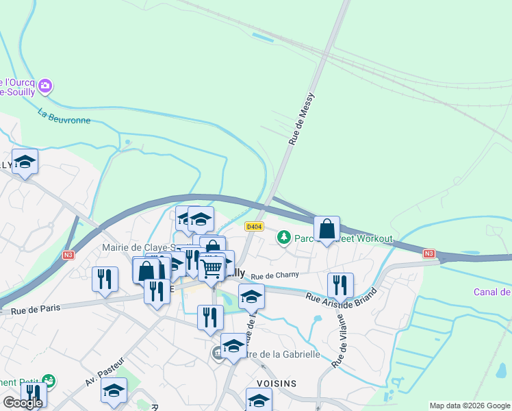 map of restaurants, bars, coffee shops, grocery stores, and more near 7 Place du Canal in Claye-Souilly
