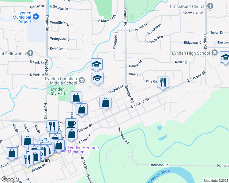 map of restaurants, bars, coffee shops, grocery stores, and more near 700 Drayton Street in Lynden