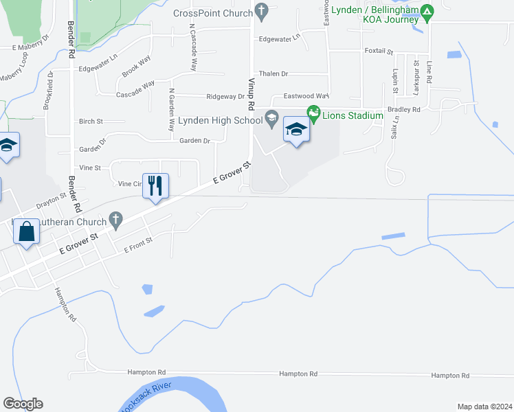 map of restaurants, bars, coffee shops, grocery stores, and more near 1170 East Front Street in Lynden
