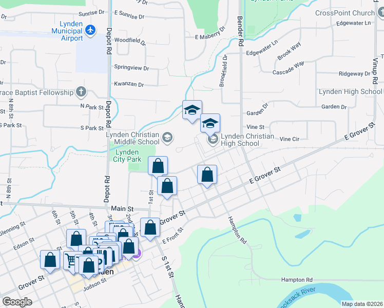 map of restaurants, bars, coffee shops, grocery stores, and more near 421 Lyncs Drive in Lynden
