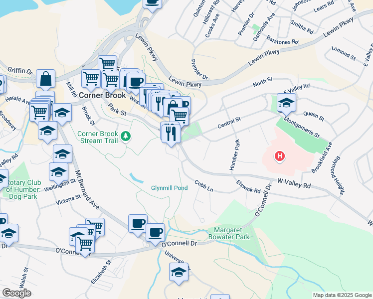 map of restaurants, bars, coffee shops, grocery stores, and more near 3 West Valley Road in Corner Brook