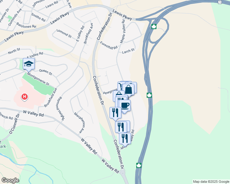 map of restaurants, bars, coffee shops, grocery stores, and more near 35 Pinegrove Avenue in Corner Brook