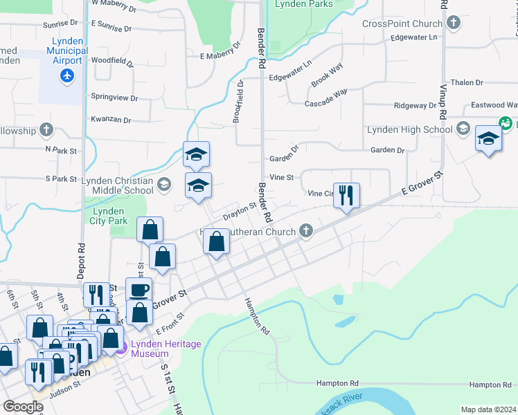 map of restaurants, bars, coffee shops, grocery stores, and more near 700 Drayton Street in Lynden