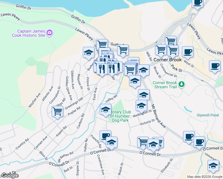 map of restaurants, bars, coffee shops, grocery stores, and more near 22 Laites Lane in Corner Brook