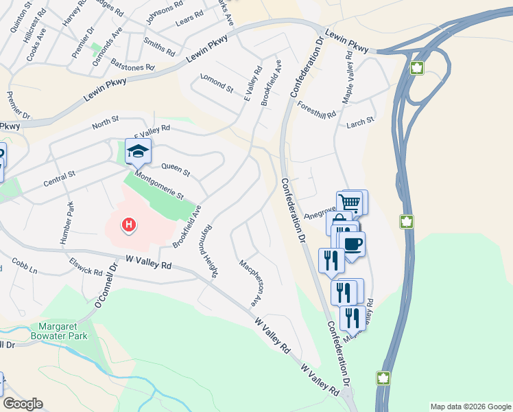 map of restaurants, bars, coffee shops, grocery stores, and more near 53 Macpherson Avenue in Corner Brook