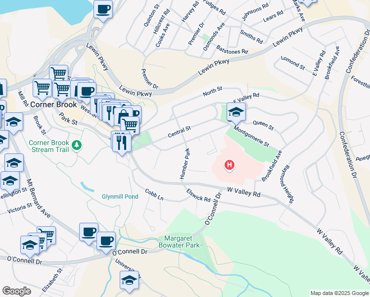 map of restaurants, bars, coffee shops, grocery stores, and more near 3 Humber Park in Corner Brook