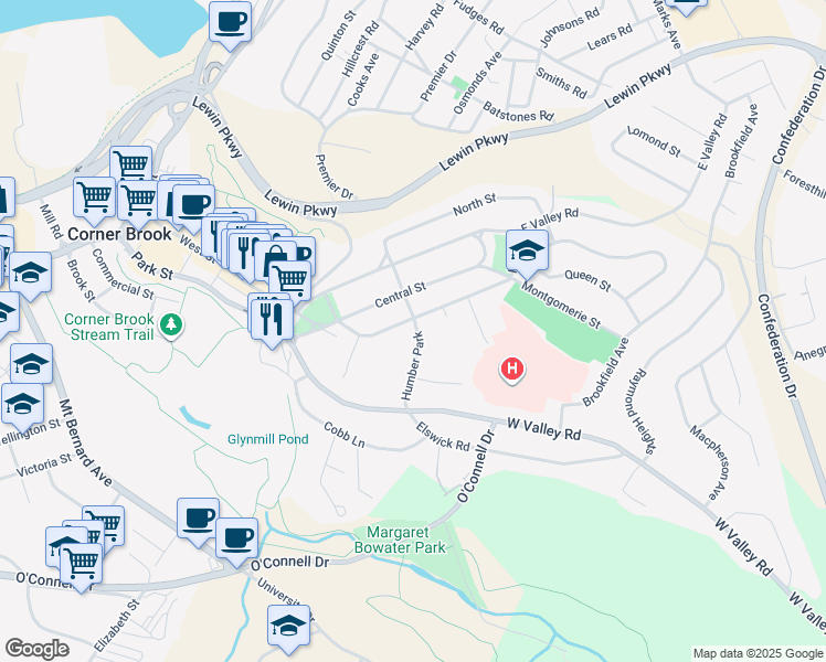 map of restaurants, bars, coffee shops, grocery stores, and more near 3 Humber Park in Corner Brook
