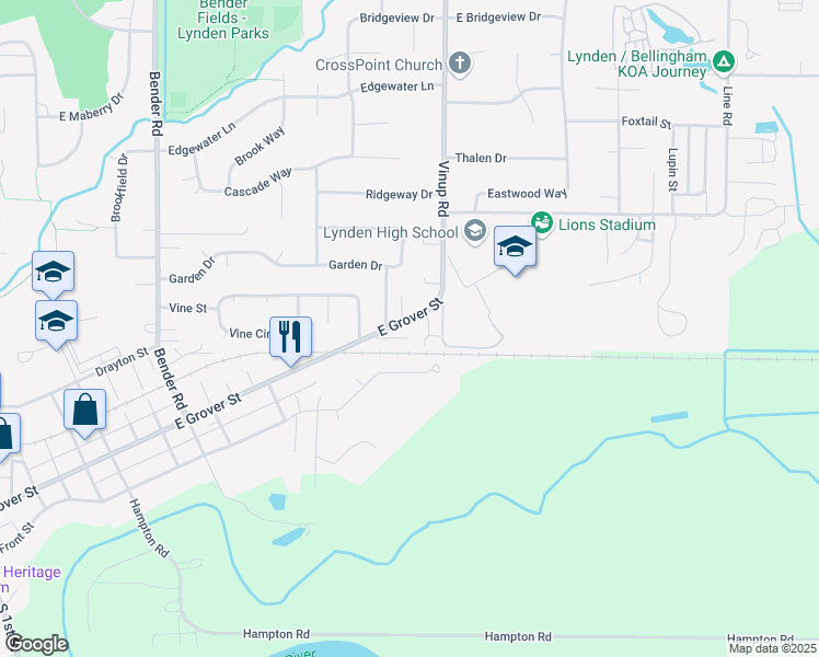 map of restaurants, bars, coffee shops, grocery stores, and more near 1166 East Grover Street in Lynden