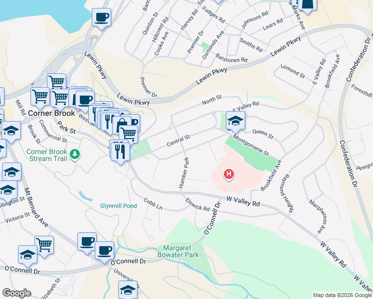 map of restaurants, bars, coffee shops, grocery stores, and more near 29 Armstrong Avenue in Corner Brook