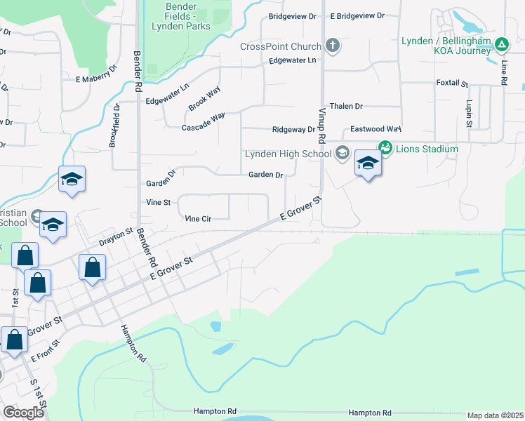 map of restaurants, bars, coffee shops, grocery stores, and more near 208 Vine Way in Lynden