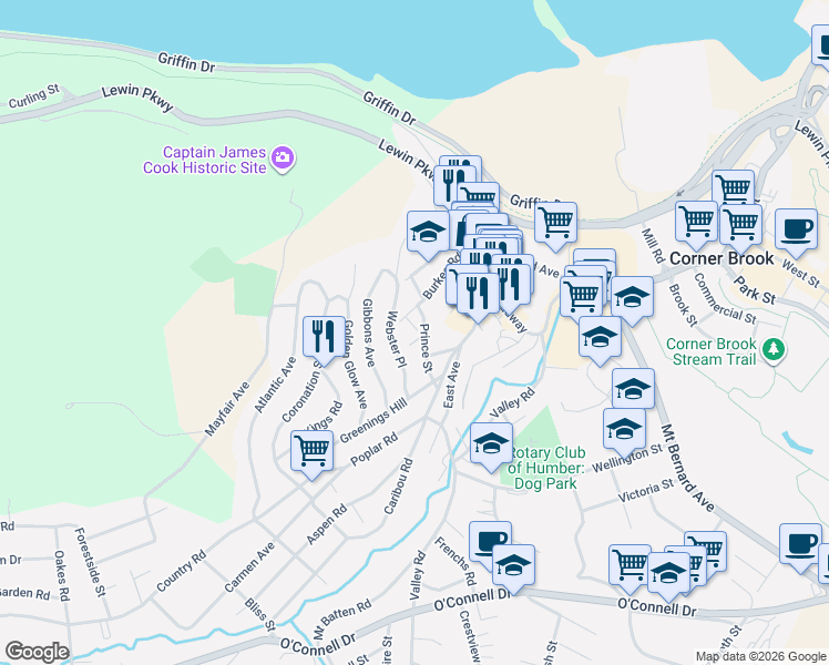 map of restaurants, bars, coffee shops, grocery stores, and more near 34 Burkes Road in Corner Brook