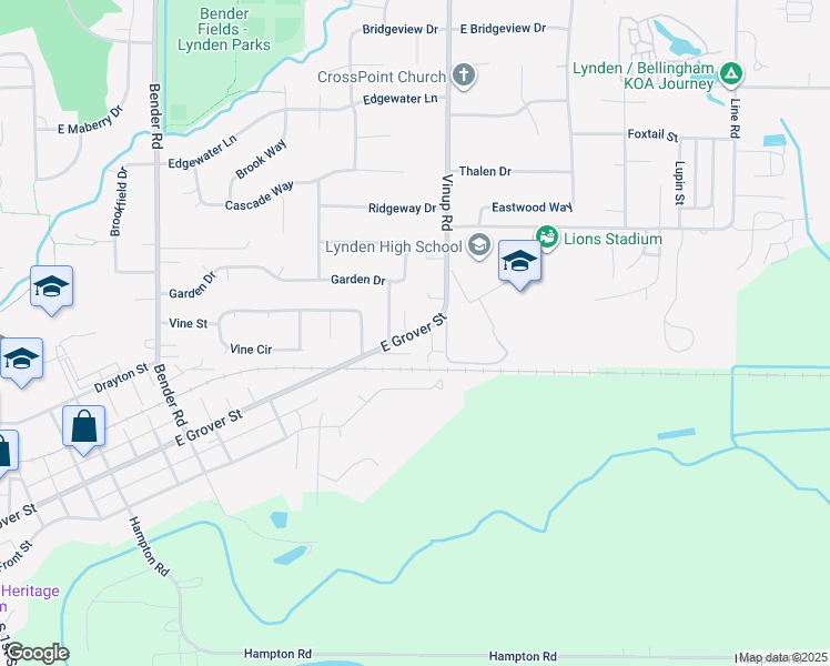 map of restaurants, bars, coffee shops, grocery stores, and more near 1173 East Grover Street in Lynden