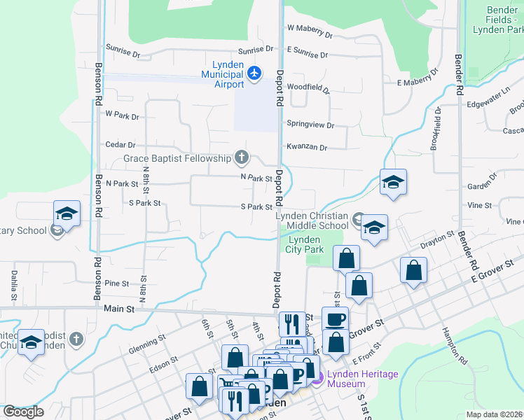map of restaurants, bars, coffee shops, grocery stores, and more near 334 South Park Street in Lynden