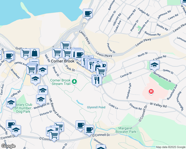 map of restaurants, bars, coffee shops, grocery stores, and more near 86 West Street in Corner Brook