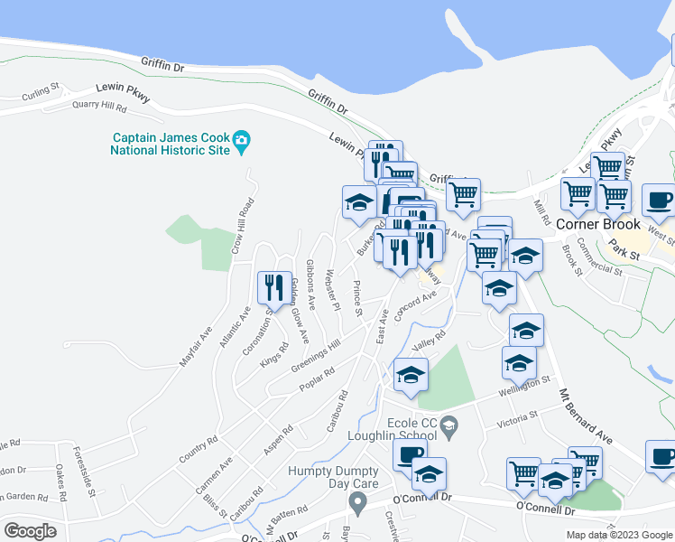 map of restaurants, bars, coffee shops, grocery stores, and more near 34 Burkes Road in Corner Brook