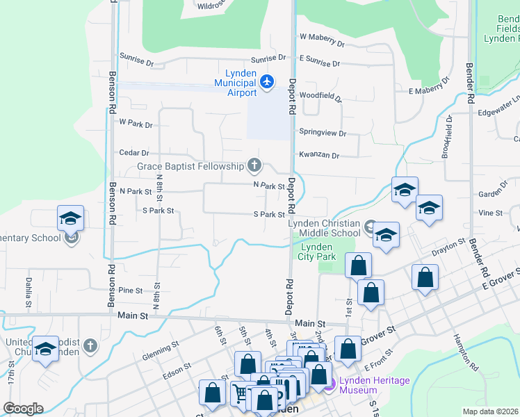 map of restaurants, bars, coffee shops, grocery stores, and more near 334 South Park Street in Lynden