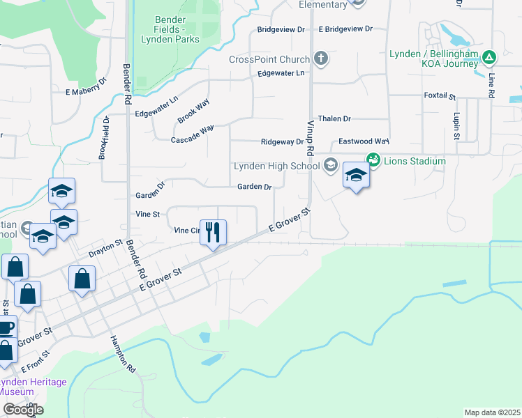 map of restaurants, bars, coffee shops, grocery stores, and more near 208 Vine Way in Lynden