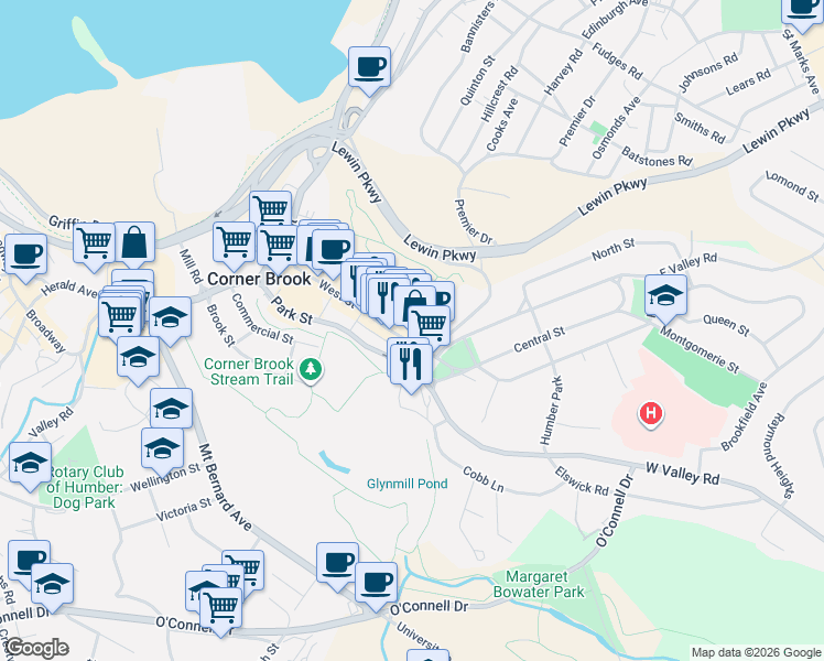 map of restaurants, bars, coffee shops, grocery stores, and more near 93 West Street in Corner Brook