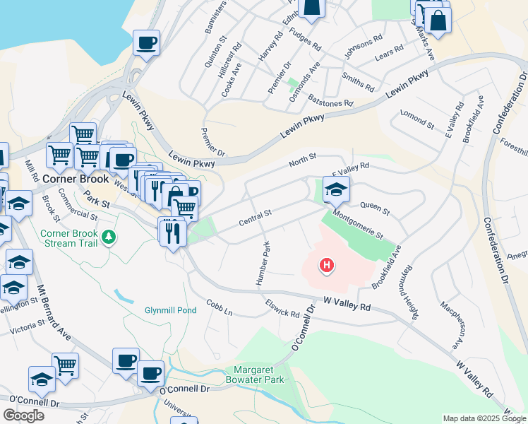 map of restaurants, bars, coffee shops, grocery stores, and more near 49 Central Street in Corner Brook