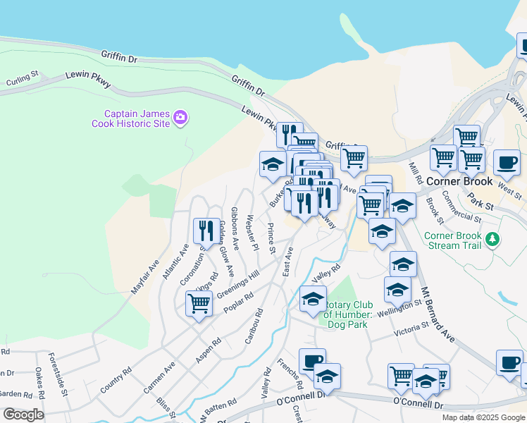 map of restaurants, bars, coffee shops, grocery stores, and more near 30 Burkes Road in Corner Brook