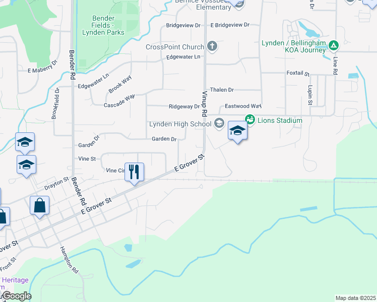map of restaurants, bars, coffee shops, grocery stores, and more near 1173 East Grover Street in Lynden