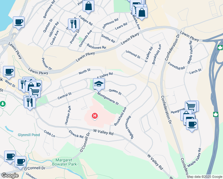 map of restaurants, bars, coffee shops, grocery stores, and more near 15 Queen Street in Corner Brook