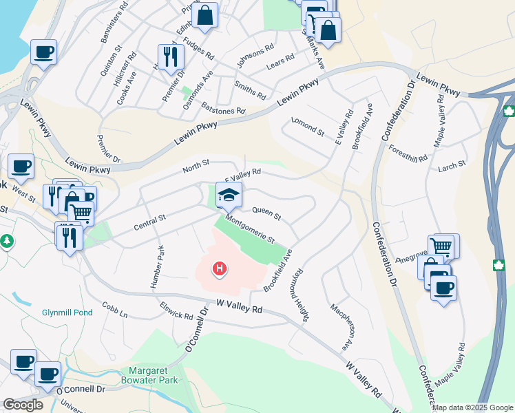 map of restaurants, bars, coffee shops, grocery stores, and more near 15 Queen Street in Corner Brook