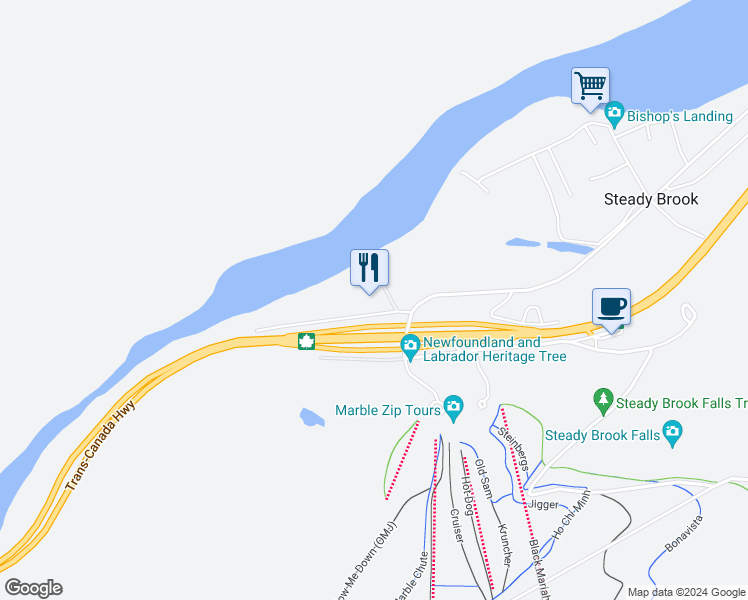 map of restaurants, bars, coffee shops, grocery stores, and more near 51 Dogwood Drive in Corner Brook