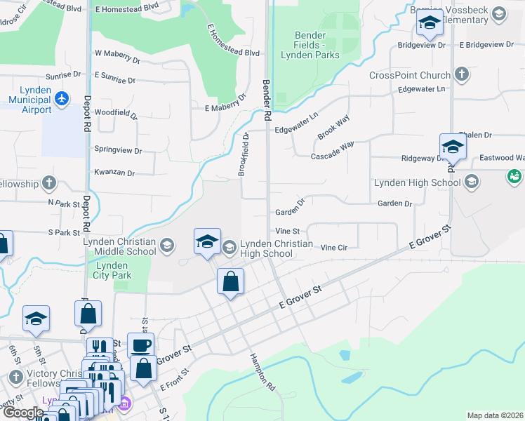 map of restaurants, bars, coffee shops, grocery stores, and more near 604 Garden Drive in Lynden