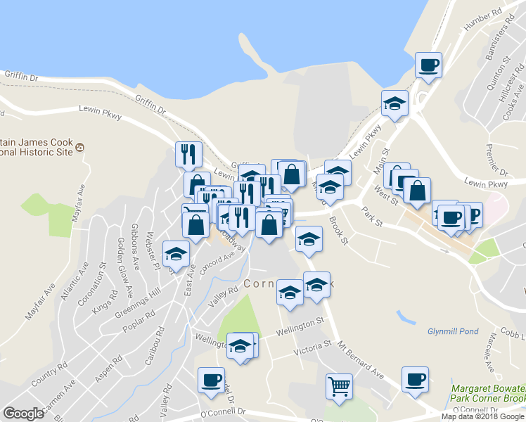 map of restaurants, bars, coffee shops, grocery stores, and more near 0 Herald Avenue in Corner Brook