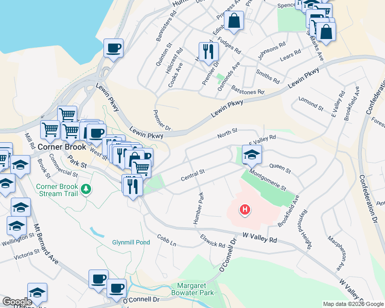map of restaurants, bars, coffee shops, grocery stores, and more near 1 Armstrong Avenue in Corner Brook
