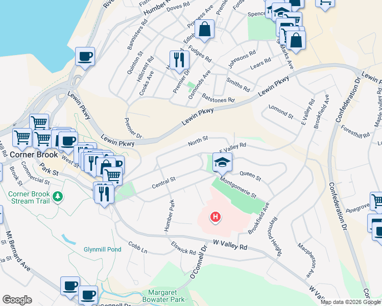 map of restaurants, bars, coffee shops, grocery stores, and more near 75 East Valley Road in Corner Brook