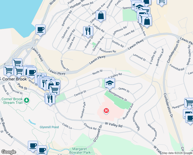 map of restaurants, bars, coffee shops, grocery stores, and more near 75 East Valley Road in Corner Brook