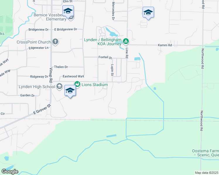 map of restaurants, bars, coffee shops, grocery stores, and more near 1280 Bradley Road in Lynden