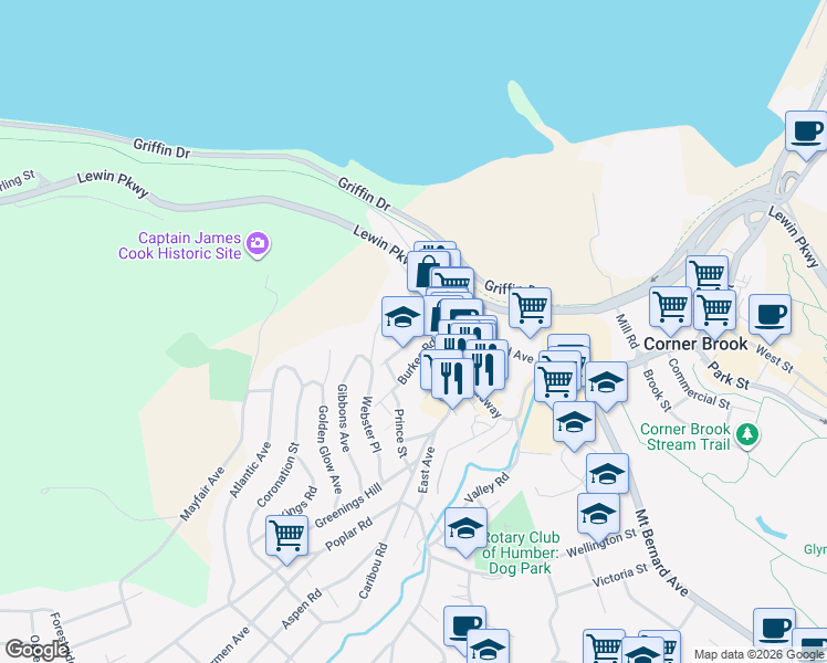map of restaurants, bars, coffee shops, grocery stores, and more near 6 A Strattons Road in Corner Brook