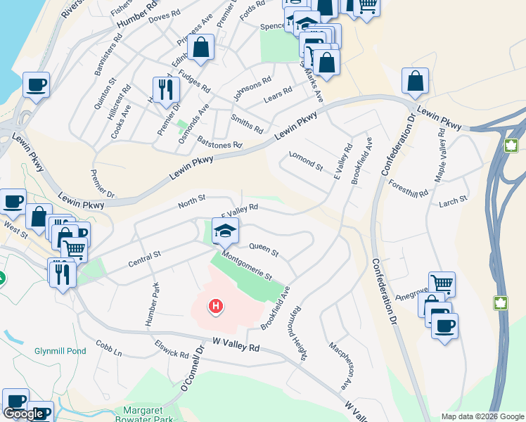 map of restaurants, bars, coffee shops, grocery stores, and more near 112 East Valley Road in Corner Brook