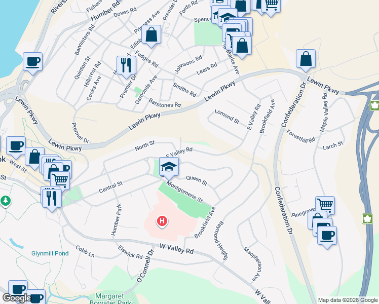 map of restaurants, bars, coffee shops, grocery stores, and more near 112 East Valley Road in Corner Brook