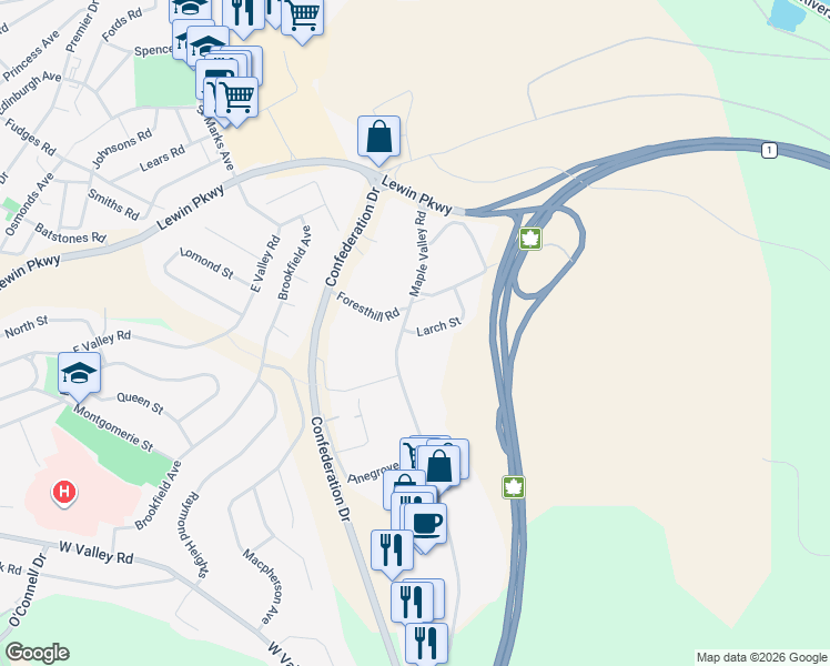 map of restaurants, bars, coffee shops, grocery stores, and more near 12 Larch Street in Corner Brook