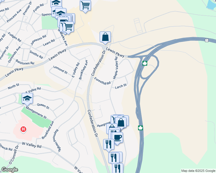 map of restaurants, bars, coffee shops, grocery stores, and more near 4 Foresthill Road in Corner Brook